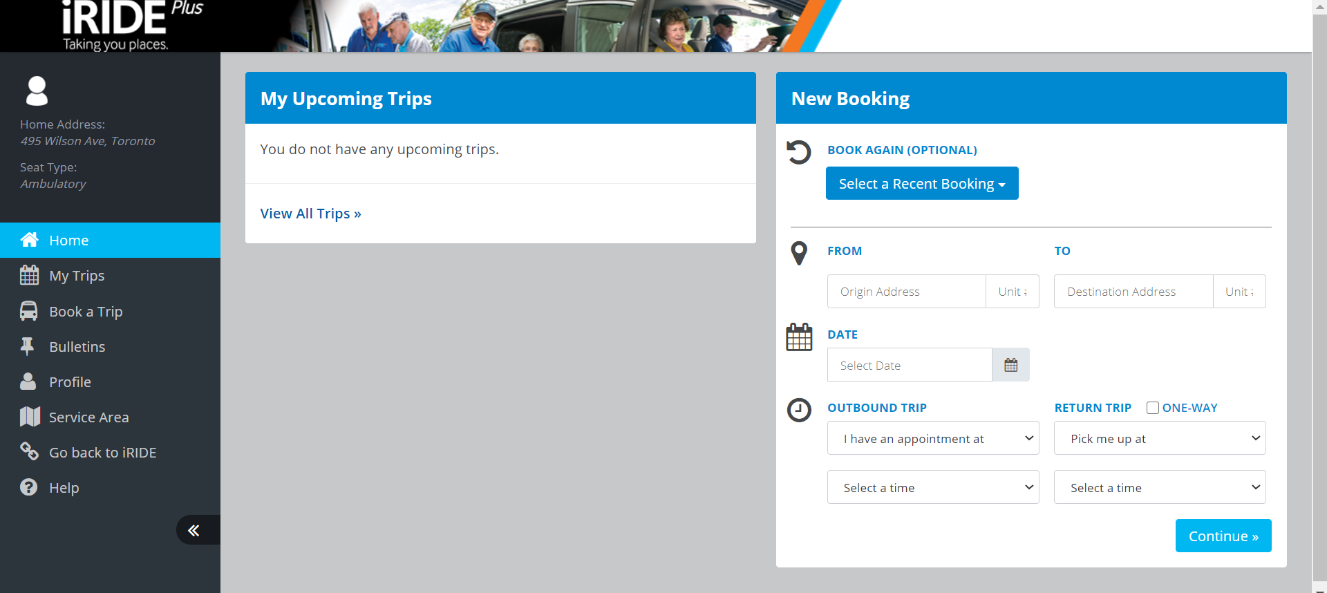 A screenshot of the home page of the iRIDE Passenger Portal showing upcoming trips and new bookings.