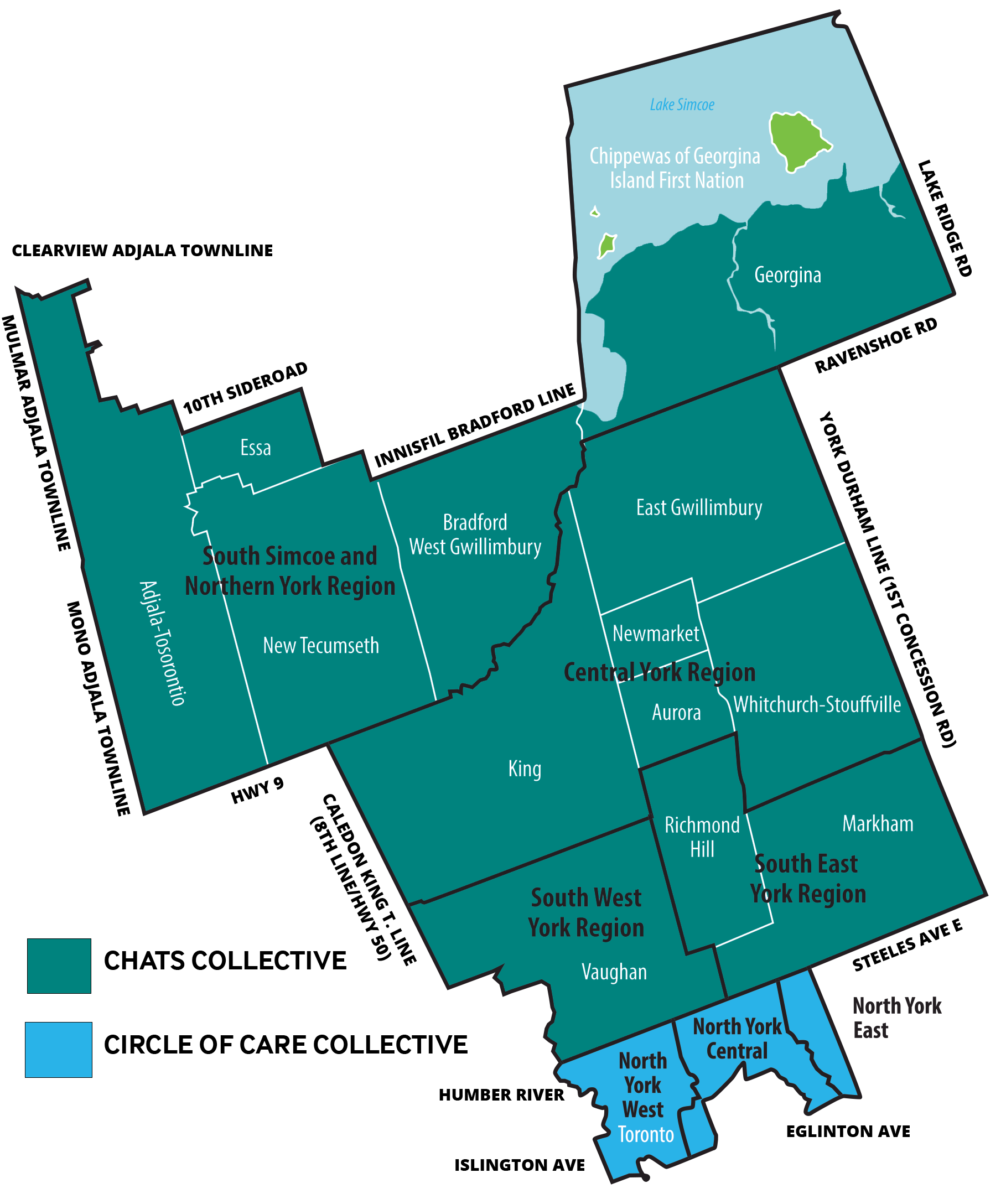 A map of the boundaries for iRIDE. The map is split up into 2 colour-coded sections, describing the northern area (north of Steeles) as the CHATS collective and the southern area (south of Steeles) as the Circle of Care collective.